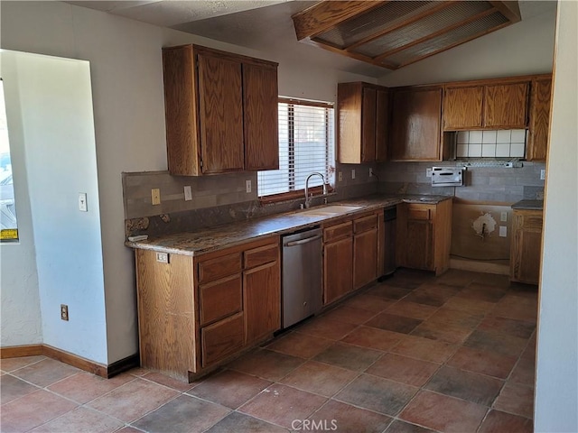 kitchen with dishwasher, sink, tasteful backsplash, lofted ceiling, and custom exhaust hood