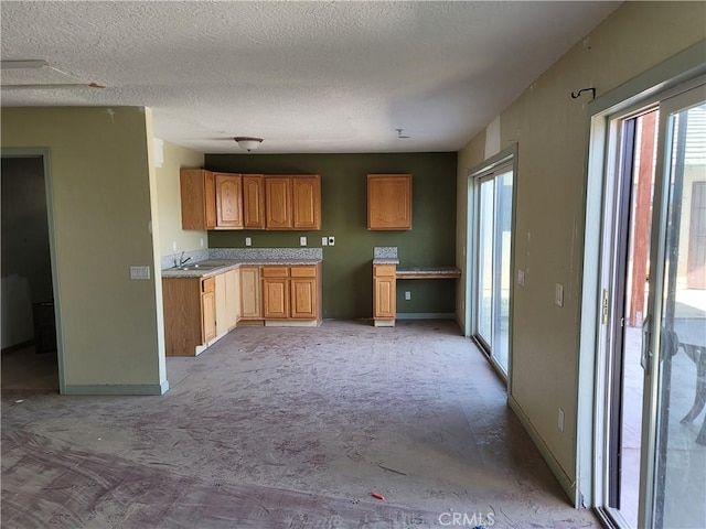 kitchen with a textured ceiling, light colored carpet, and sink