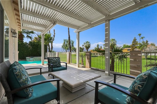 view of patio / terrace with outdoor lounge area, a swimming pool with hot tub, and a pergola