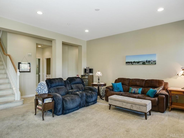 living room with light colored carpet