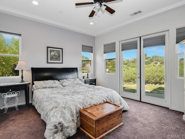 bedroom with multiple windows, access to exterior, and dark carpet