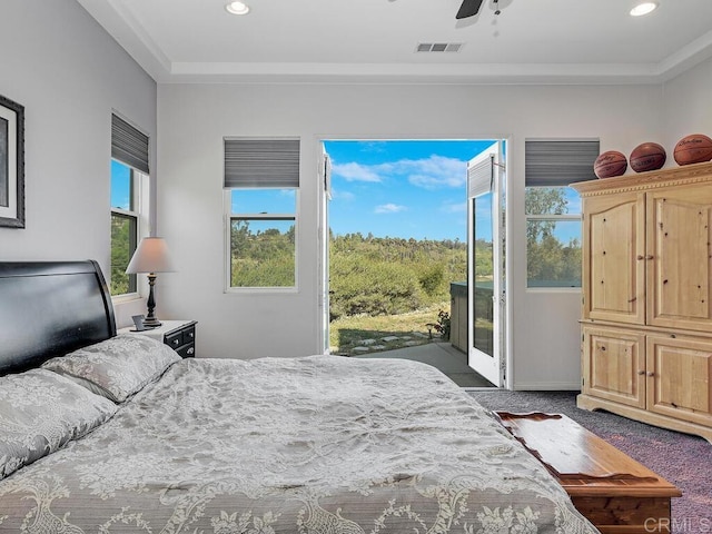 bedroom featuring dark colored carpet, ceiling fan, access to exterior, and crown molding