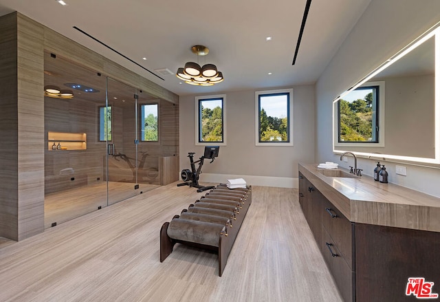 bathroom featuring wood-type flooring, vanity, plenty of natural light, and a shower with shower door