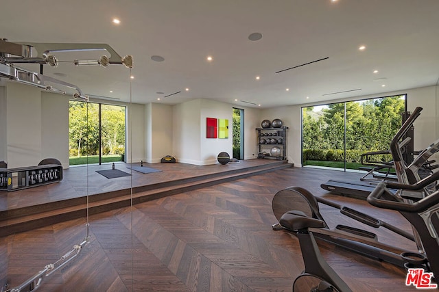 workout area featuring dark parquet floors