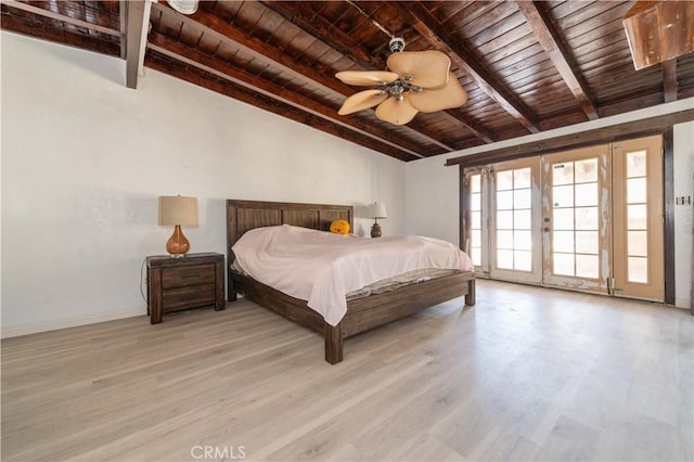 bedroom featuring french doors, light hardwood / wood-style flooring, vaulted ceiling with beams, ceiling fan, and wood ceiling