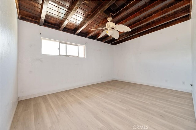 unfurnished room featuring beamed ceiling, light hardwood / wood-style floors, ceiling fan, and wood ceiling