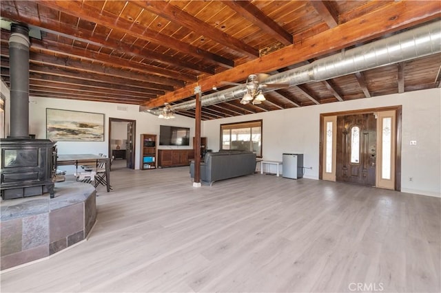 unfurnished living room with lofted ceiling with beams, light hardwood / wood-style flooring, a wood stove, and wooden ceiling