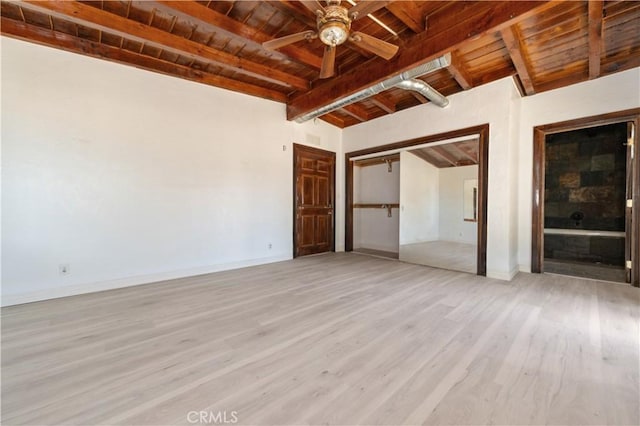 unfurnished bedroom featuring lofted ceiling with beams, light hardwood / wood-style floors, ceiling fan, and wood ceiling