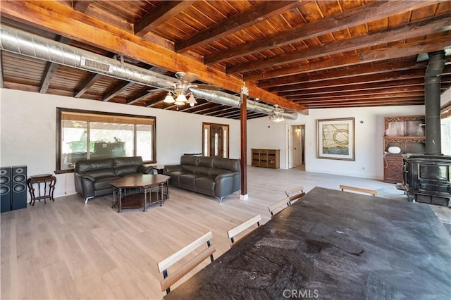 living room featuring beam ceiling, a wood stove, ceiling fan, wooden ceiling, and light wood-type flooring