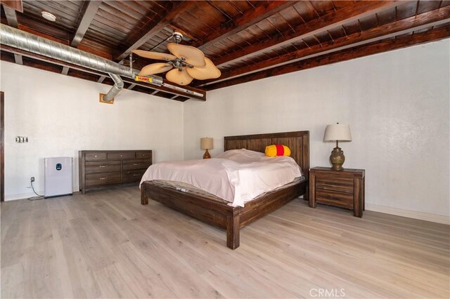 bedroom with beam ceiling, ceiling fan, light hardwood / wood-style flooring, and wood ceiling