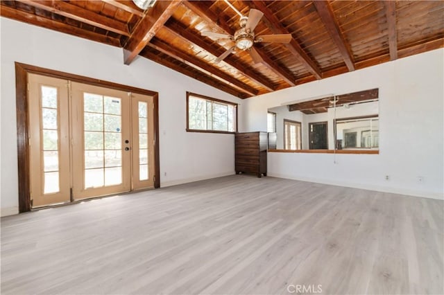 unfurnished living room featuring lofted ceiling with beams, light hardwood / wood-style floors, wood ceiling, and ceiling fan