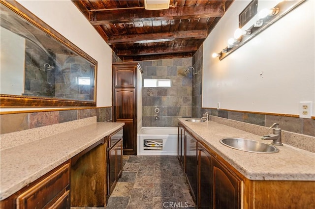 bathroom with beamed ceiling, vanity, wood ceiling, and tile walls