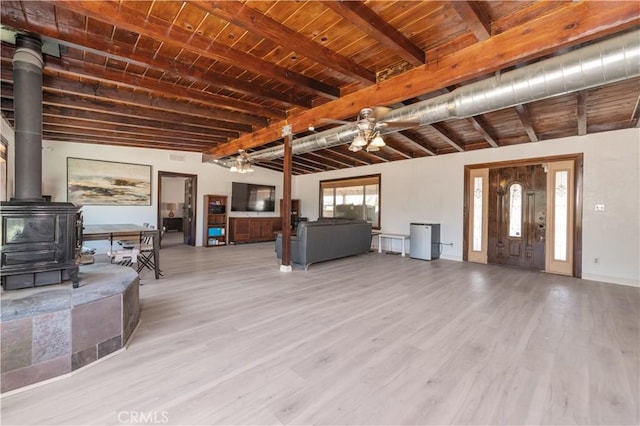 unfurnished living room with lofted ceiling with beams, light hardwood / wood-style floors, a wood stove, and wood ceiling