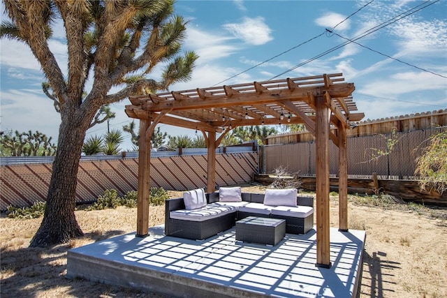 view of terrace featuring a pergola and an outdoor living space