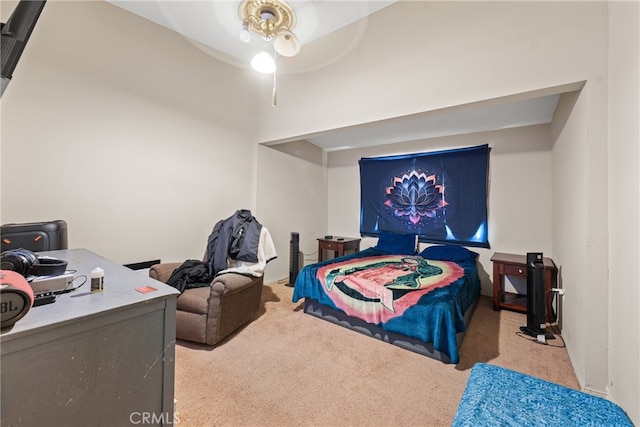 bedroom with light colored carpet and ceiling fan