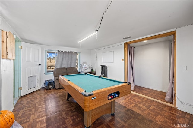 rec room featuring dark parquet flooring and billiards