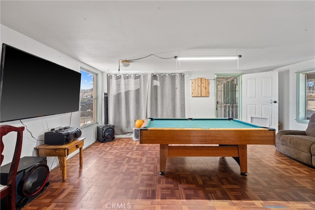 playroom with billiards and dark parquet flooring