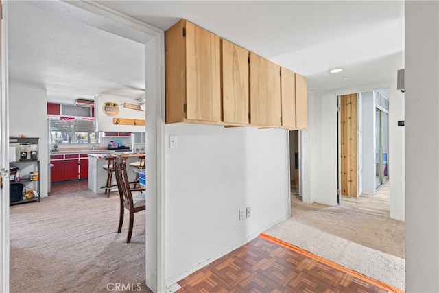 kitchen with light brown cabinets and light colored carpet