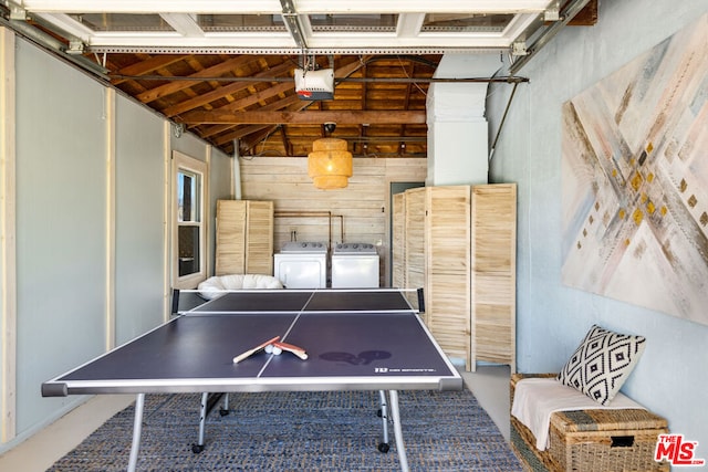 recreation room with lofted ceiling