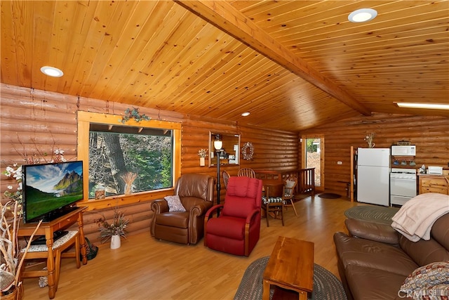 living room with vaulted ceiling with beams, log walls, plenty of natural light, and wood-type flooring