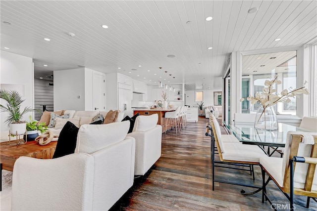 living room featuring dark hardwood / wood-style floors and wooden ceiling