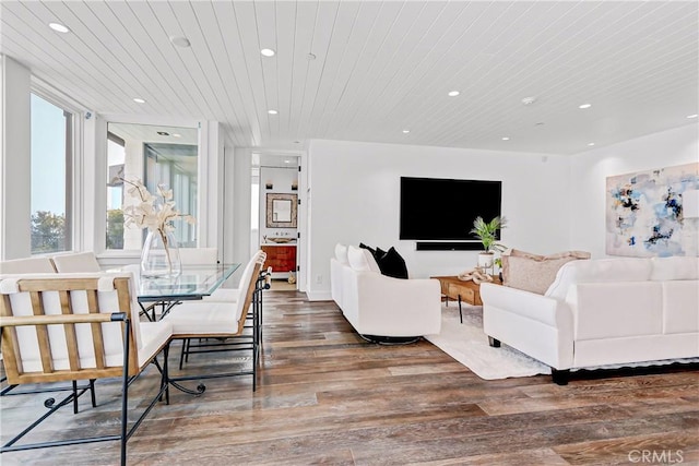 living room with wood-type flooring and wooden ceiling