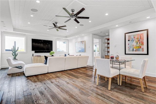 living room featuring wood-type flooring and a raised ceiling