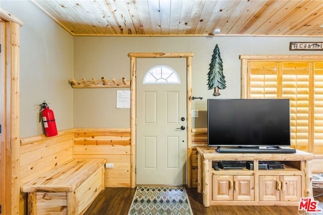 entrance foyer featuring wooden ceiling and dark hardwood / wood-style floors