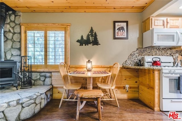 dining space with a wood stove, wooden ceiling, and dark hardwood / wood-style floors