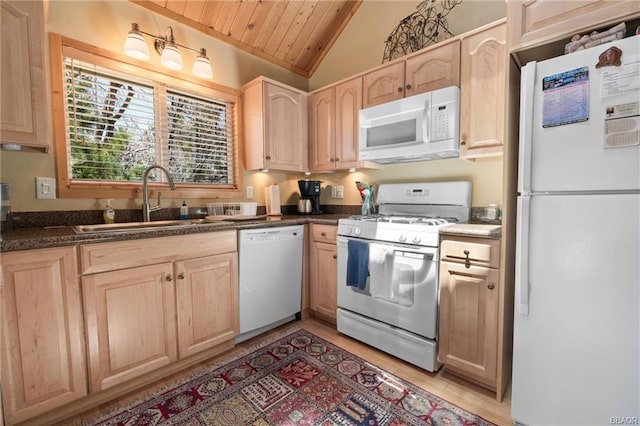 kitchen with light brown cabinets, white appliances, lofted ceiling, wood ceiling, and sink