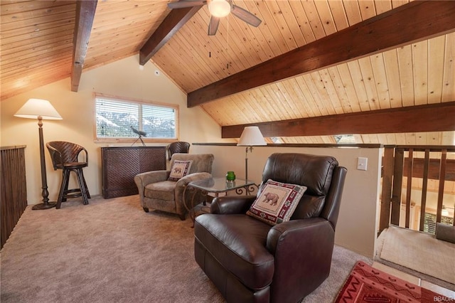 living area with wood ceiling, lofted ceiling with beams, ceiling fan, and carpet floors