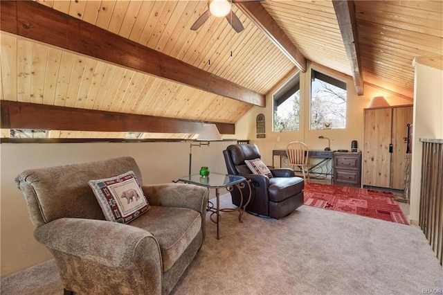 sitting room featuring wooden ceiling, ceiling fan, carpet floors, and lofted ceiling with beams