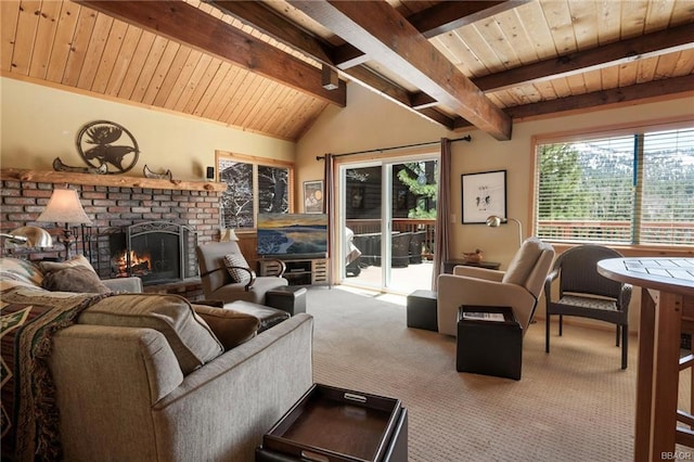 living room featuring vaulted ceiling with beams, wooden ceiling, carpet flooring, and a fireplace