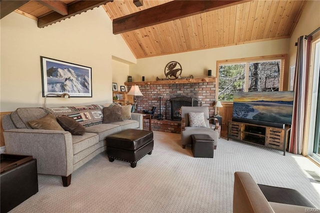 carpeted living room with wooden ceiling, a fireplace, and beamed ceiling