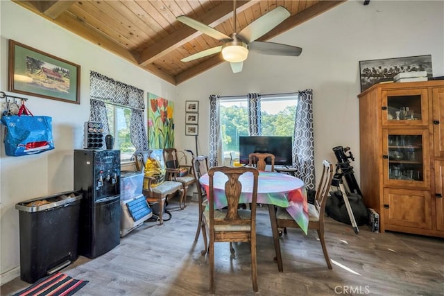 dining area with lofted ceiling with beams, ceiling fan, wood-type flooring, and wooden ceiling