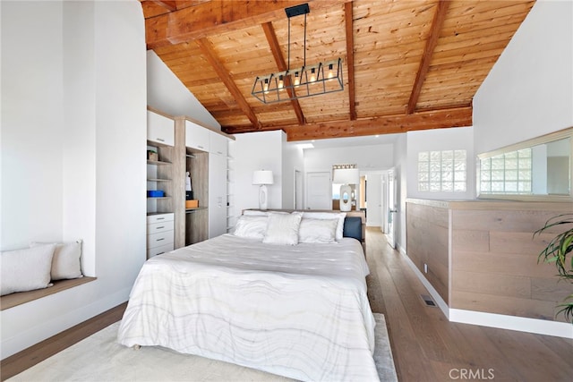 bedroom featuring beamed ceiling, high vaulted ceiling, dark wood-type flooring, and wood ceiling