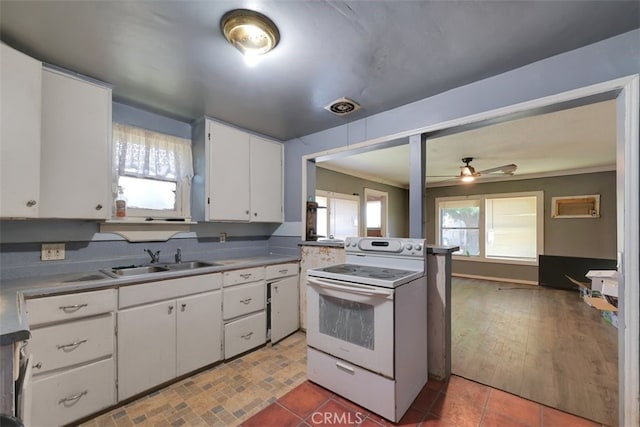 kitchen featuring electric range, sink, white cabinets, and ceiling fan