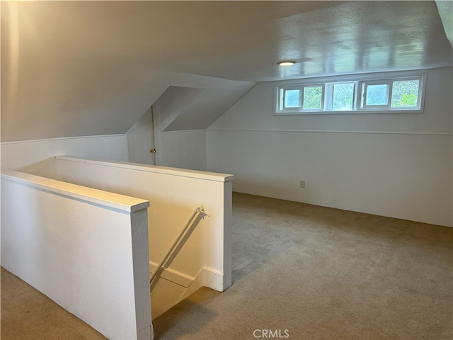 additional living space featuring light carpet and vaulted ceiling