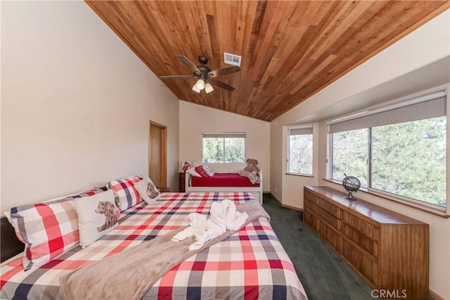 bedroom with ceiling fan, wood ceiling, vaulted ceiling, and dark colored carpet