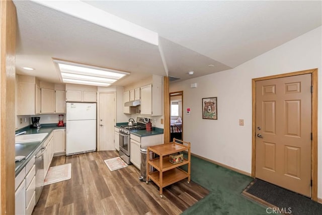 kitchen featuring appliances with stainless steel finishes, lofted ceiling, dark wood-type flooring, and sink