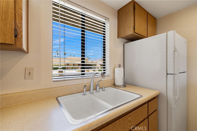 kitchen with sink and white refrigerator