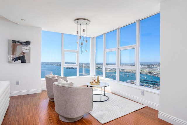 living area featuring a water view and dark hardwood / wood-style floors