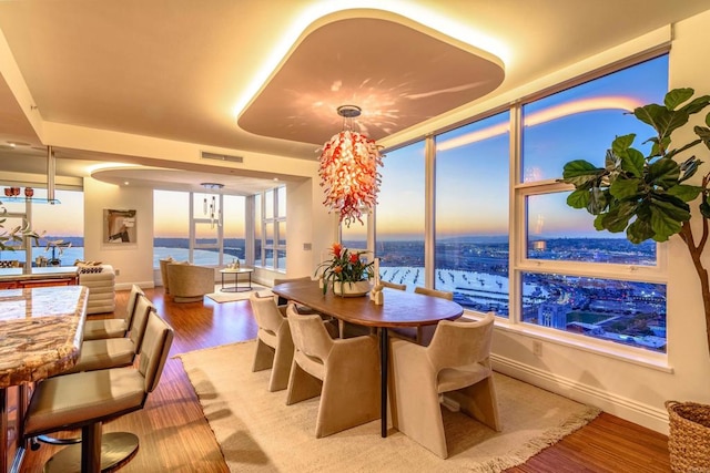 dining space featuring floor to ceiling windows, plenty of natural light, hardwood / wood-style floors, and a water view