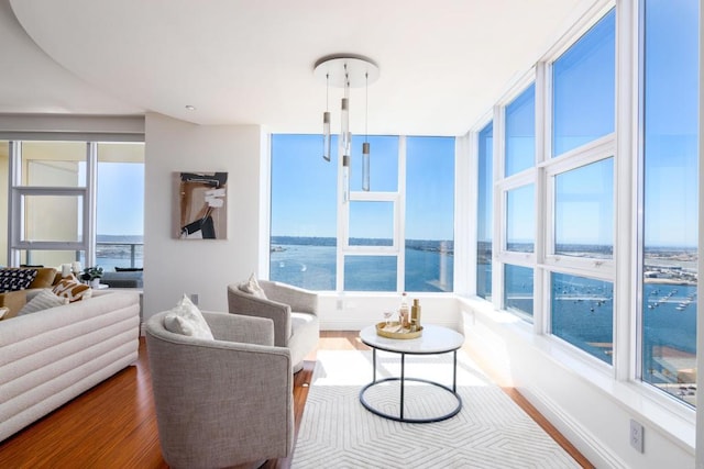 living room featuring a water view and hardwood / wood-style flooring