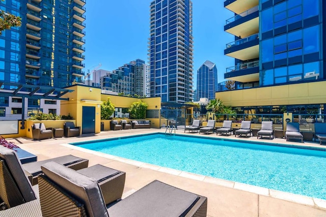 view of swimming pool with a patio