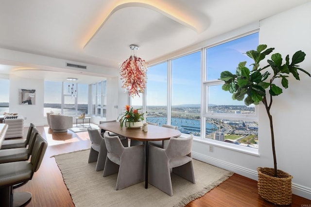 dining space featuring hardwood / wood-style flooring, plenty of natural light, and a water view