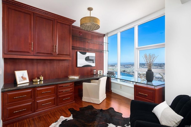 office area featuring built in desk and dark hardwood / wood-style flooring