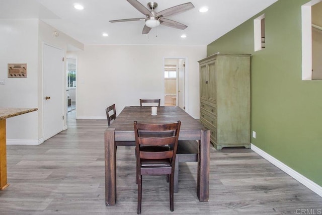 dining room with ceiling fan, plenty of natural light, and hardwood / wood-style flooring