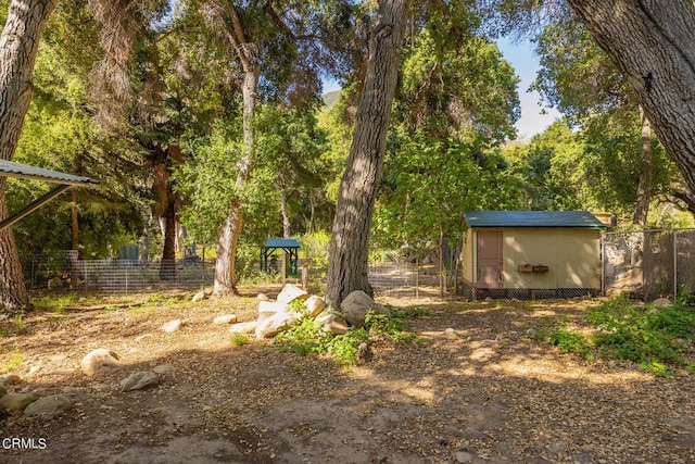 view of yard featuring a storage shed