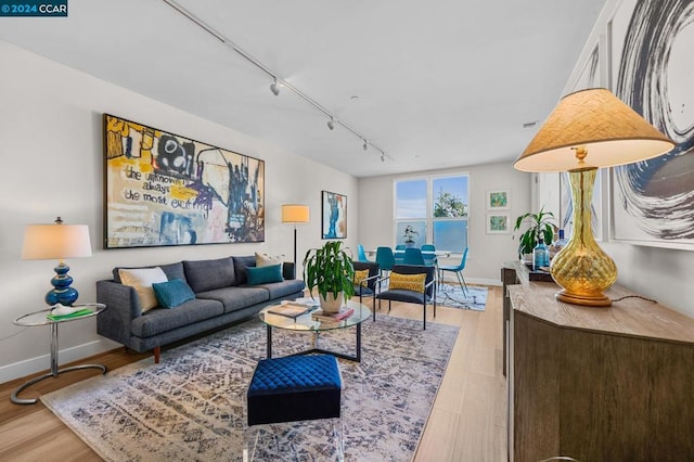 living room with rail lighting and hardwood / wood-style flooring